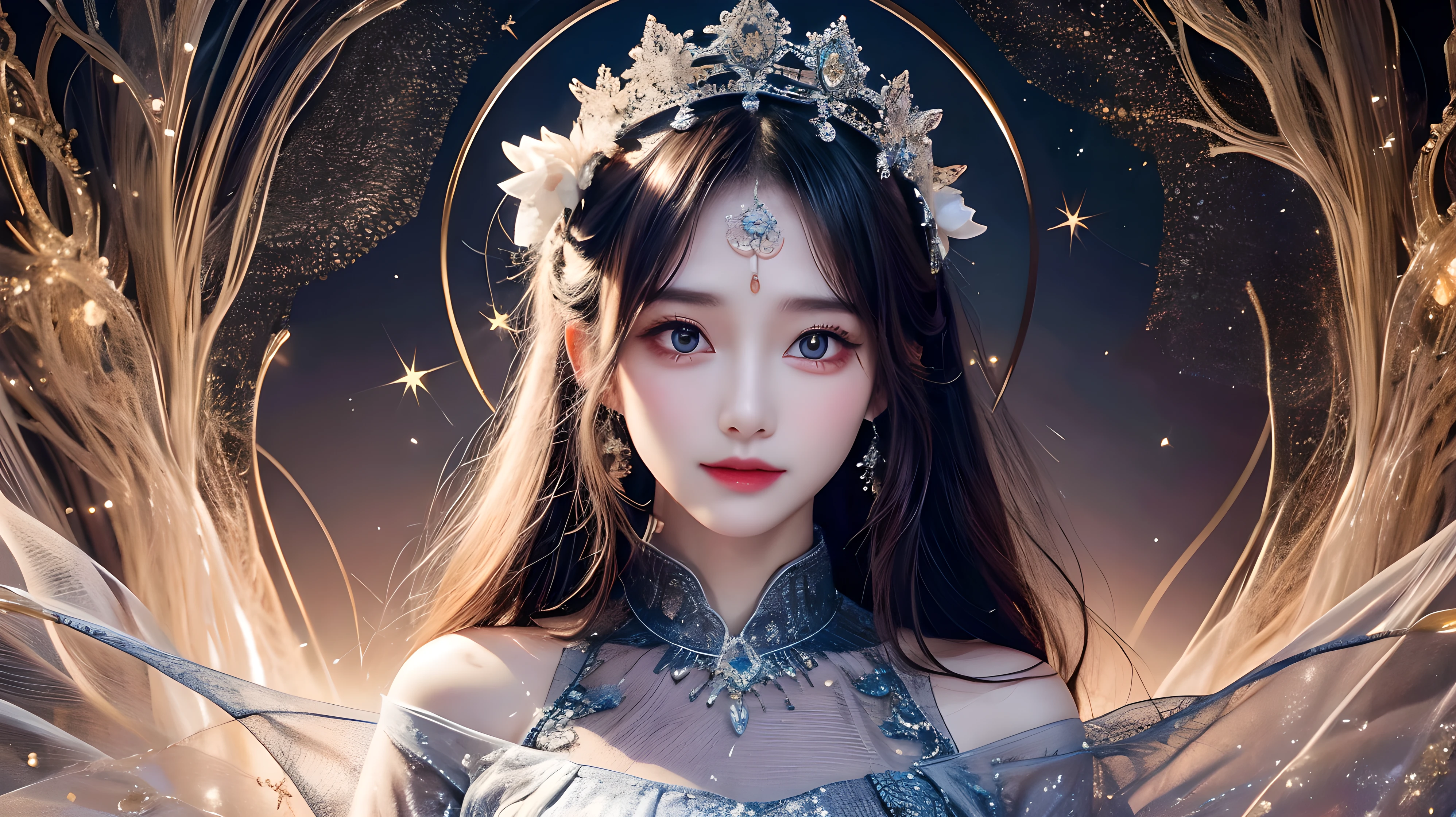 In a night starry sky universe background, a mystical aura envelops the enigmatic subject in a beautiful girl minimalist artwork, a single-lined masterpiece. The serene figure stands adorned in intricate threads shimmering like starlight, surrounded by a subtle magic influx swirling around her like wispy tendrils. Radiating an aura of mystique and wonder, she seems to infuse the air with an otherworldly essence, as if her captivating presence has awakened the magic within the scene. 8k Ultra HD,masterpiece,intricate details,delicate facial features,extremely detailed eyes,dynamic pose,Mizuki_Lin
