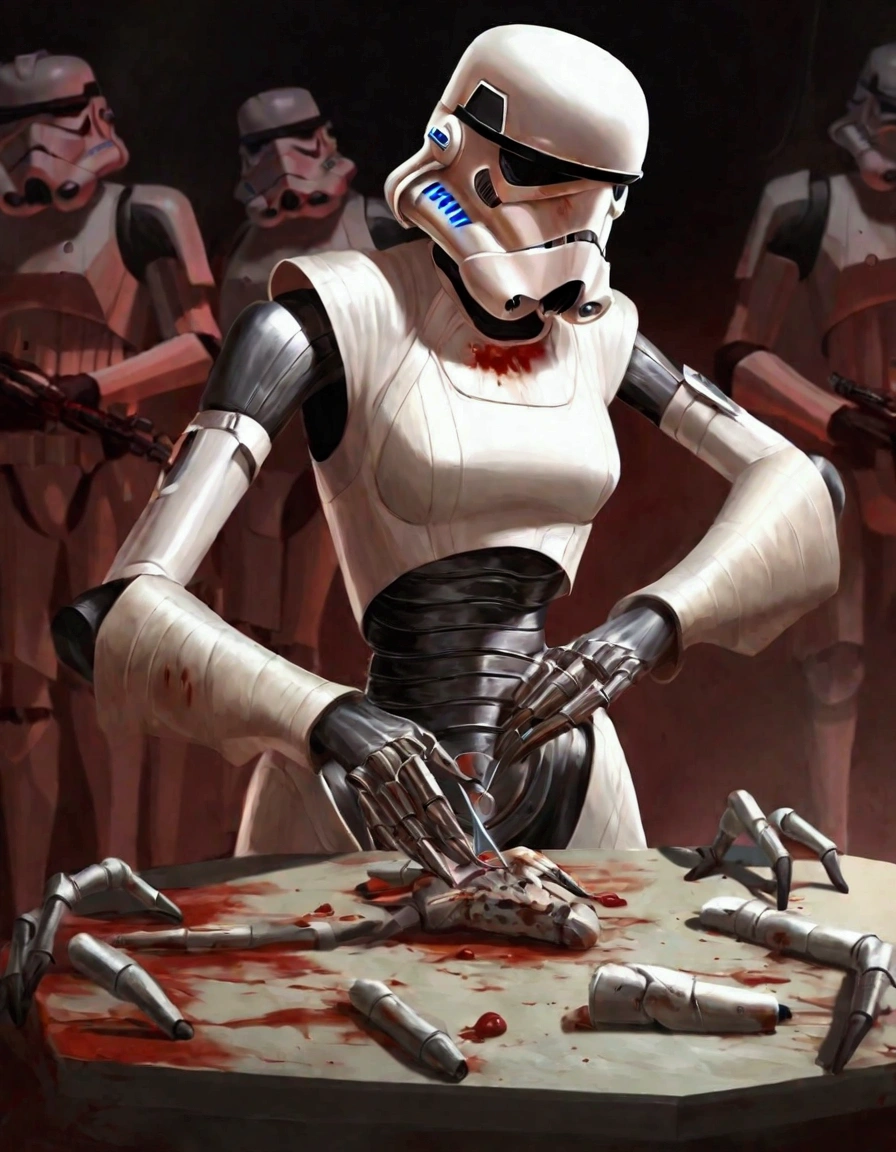 (star wars) A nurse droid (vaguely female, very human face, lots of spindly metal tool arms) is at a medical table stitching pieces of storm troopers together to make new stormtroopers. Heaps of storm trooper pieces lay in bloody piles near the table. Horror medical bay
