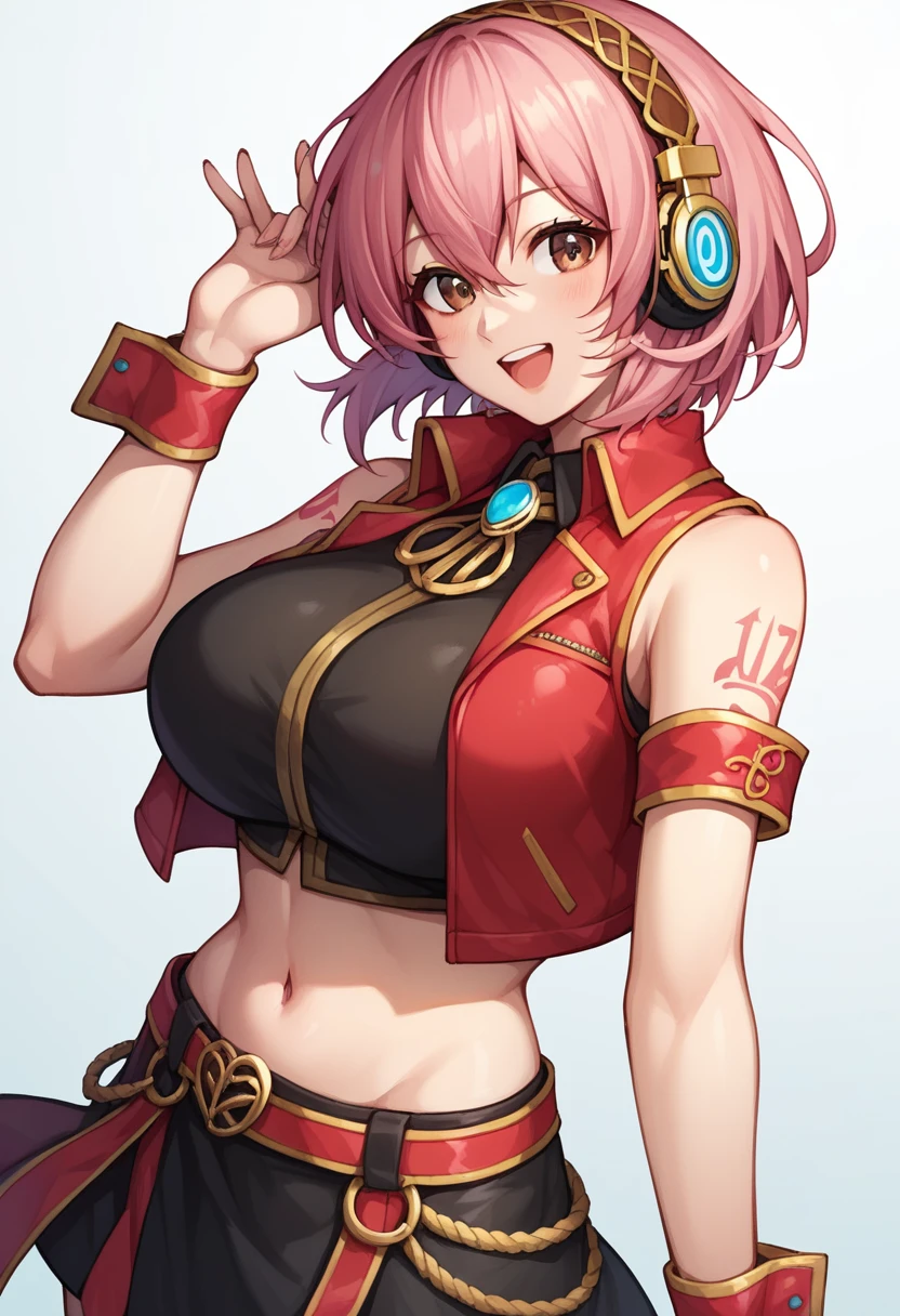 score_9, score_8_up, score_7_up,score_6_up, score_5_up, score_4_up , 1girl, solo, luka megurine, blue eyes, headphones, long hair, pink hair,, arm warmers, armband, bare shoulders, black shirt, black skirt, crop top, midriff, navel, shirt, shoulder tattoo, single arm warmer, skirt, tattoo, huge breasts, meiko, (brown eyes:1.5), brown hair, short hair,, bare arms, crop top, jacket, midriff, miniskirt, navel, red jacket, red skirt, skirt, sleeveless, sleeveless jacket, wrist cuffs, wrist cuff happy, cowboy shot, simple background