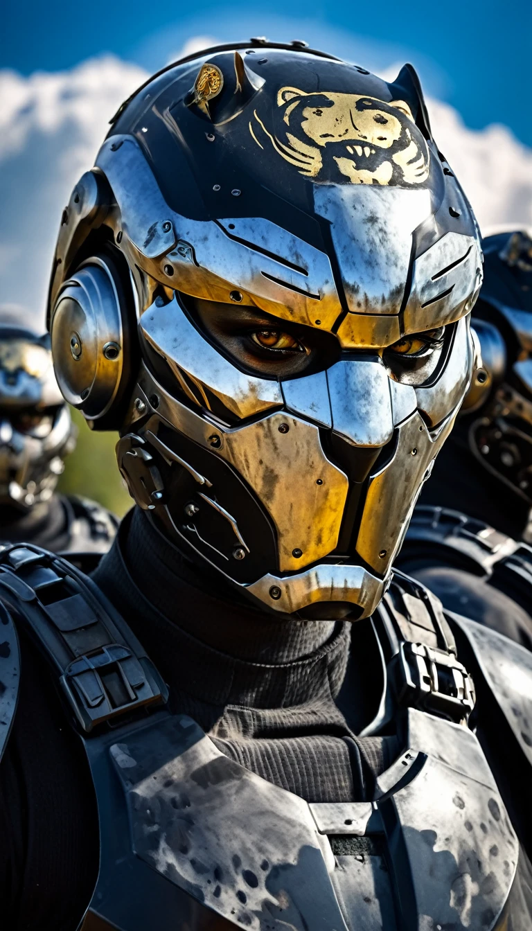 Close-up of a panther head soldier, half human, half machine, their faces partially obscured by military helmets. Their eyes are filled with sadness and longing. The background is a trail of blood and violence. She wears a mechanized robot armor, carved with animal elements, human skulls. The sky is filled with swirling, fiery clouds. The photo conveys a strong sense of the warrior's appearance.