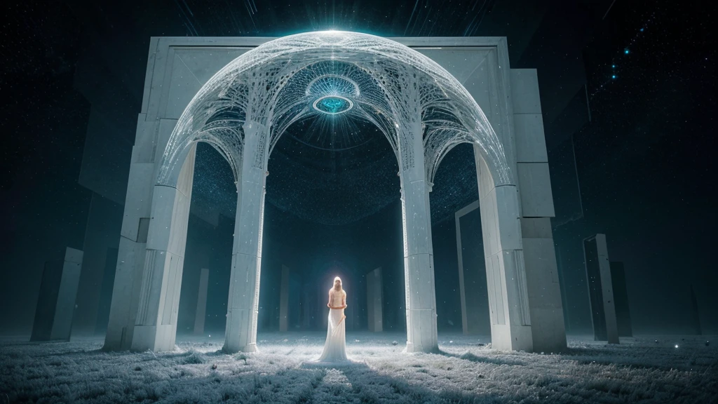 A lone woman, bathed in the ethereal glow of the fifth dimension, stands lightly levitating in the distance in front of an immense, ultra-realistic portal of light and intricate otherworldly landscape. The vast white expanse of this other-dimensional space exudes a sense of peace, tranquility, liberation, and harmony. The woman, appears to be in communion with this hypnotic realm, and her presence adds a touch of fascination and awe to the scene. The highly detailed and luminous environment, filled with intricate structures and flora, further emphasizes the otherworldly beauty of this dimension.