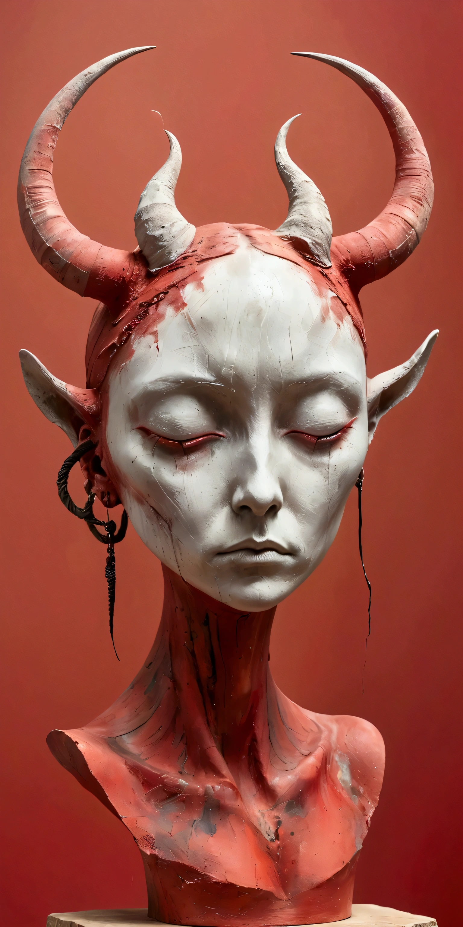 Abstract Sculpture，weird,Horns on the head，Abstract Art,Surrealism，Red background