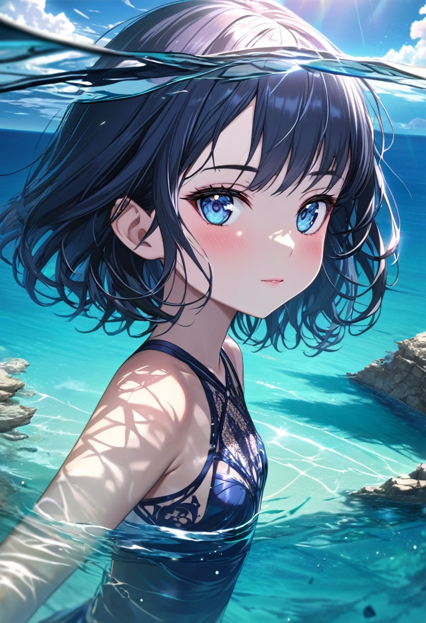 (masterpiece, Highest quality), ((Portrait of a girl floating in the crystal clear waters of Lampedusa)), Highly transparent sea,In the background there is a beautiful landscape with blue sky and sunlight shining on the sea.,Detailed beautiful scenery,break (Teen,Detailed face,(Dark blue wavy short hair),Eyebrow,small breasts in the middle),