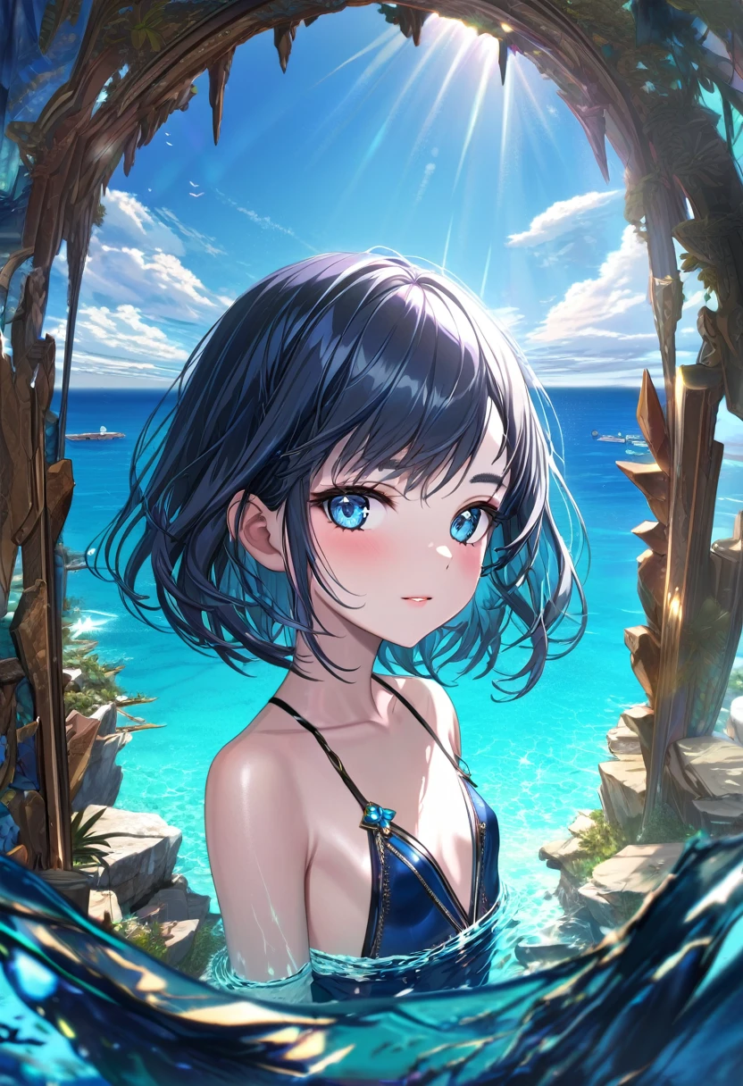 (masterpiece, Highest quality), ((Portrait of a girl floating in the crystal clear waters of Lampedusa)), Highly transparent sea,In the background there is a beautiful landscape with blue sky and sunlight shining on the sea.,Detailed beautiful scenery,break (,Detailed face,(Dark blue wavy short hair),Eyebrow,small breasts in the middle),