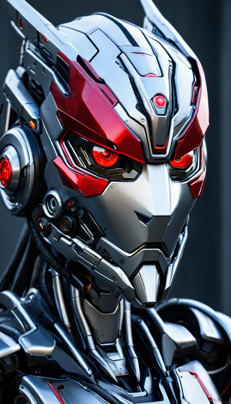 a close up of a robot with a red eye and a metal head, portrait of a futuristic robot, detailed face of an android, robot mecha female dragon head, detailed portrait of a cyborg, portrait of a mech, symmetry!! portrait of cyborg, anfas portrait of a mech warrior, close-up portrait of cyborg, symmetry! futuristic robotic