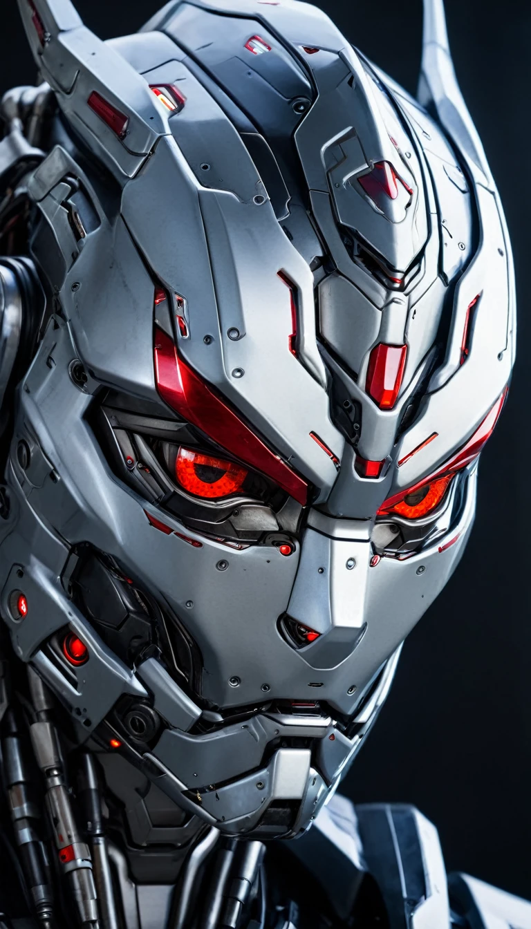 a close up of a robot with a red eye and a metal head, portrait of a futuristic robot, detailed face of an android, robot mecha female dragon head, detailed portrait of a cyborg, portrait of a mech, symmetry!! portrait of cyborg, anfas portrait of a mech warrior, close-up portrait of cyborg, symmetry! futuristic robotic