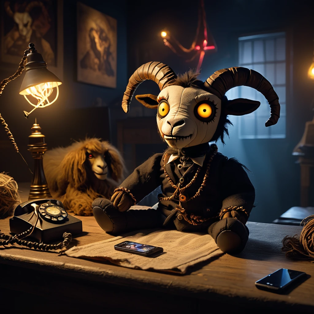 (knitted toy voodoo doll:1.9), (Voodoo Goat Talking on the Phone:1.5), (Clothing: dark fur with glowing yellow eyes and sharp horns:1.0), (Accessories: enchanted phone emitting eerie whispers, floating spectral cords:1.2), (background: dark, abandoned office with flickering lights, broken furniture, and an atmosphere of haunting silence:1.2), best quality, masterpiece, detailed soft oil painting, detailed background, dramatic cinematic lighting, soft edge lighting, professional, dramatic lighting, hard edge lighting, ultra quality, 4k, masterpiece, best quality, 8k, ultra high definition, high resolution, extremely detailed