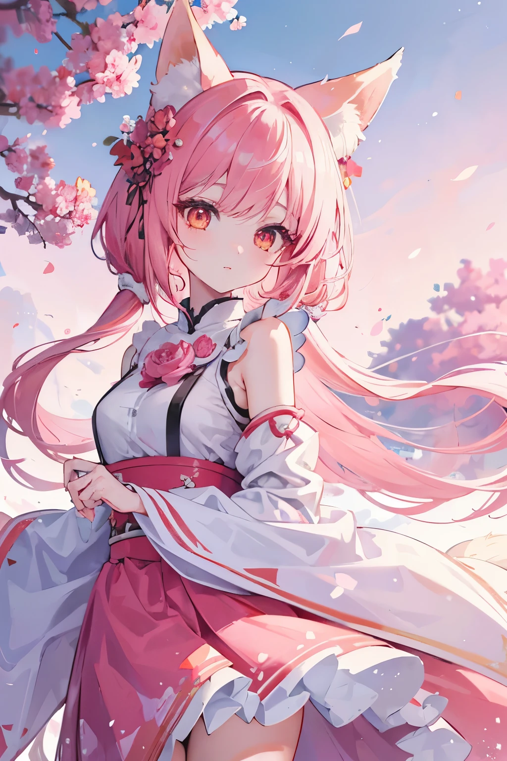 Nine snow-white fox tails (1.0), milky fox tail (1.0), fox close-up of nine tails, nine-tails, nine-tails, anime girl with pink hair and pink dress with flowers on her hair, very beautiful anime fox girl, beautiful anime fox girl, beautiful fantasy anime, guweiz, anime girl with fox ears, beautiful anime girl, very beautiful and cute fox girl, pink flower rain, background blur, anime style 4 K, anime fantasy artwork, 4k anime wallpaper, Artwork in the Guvez style