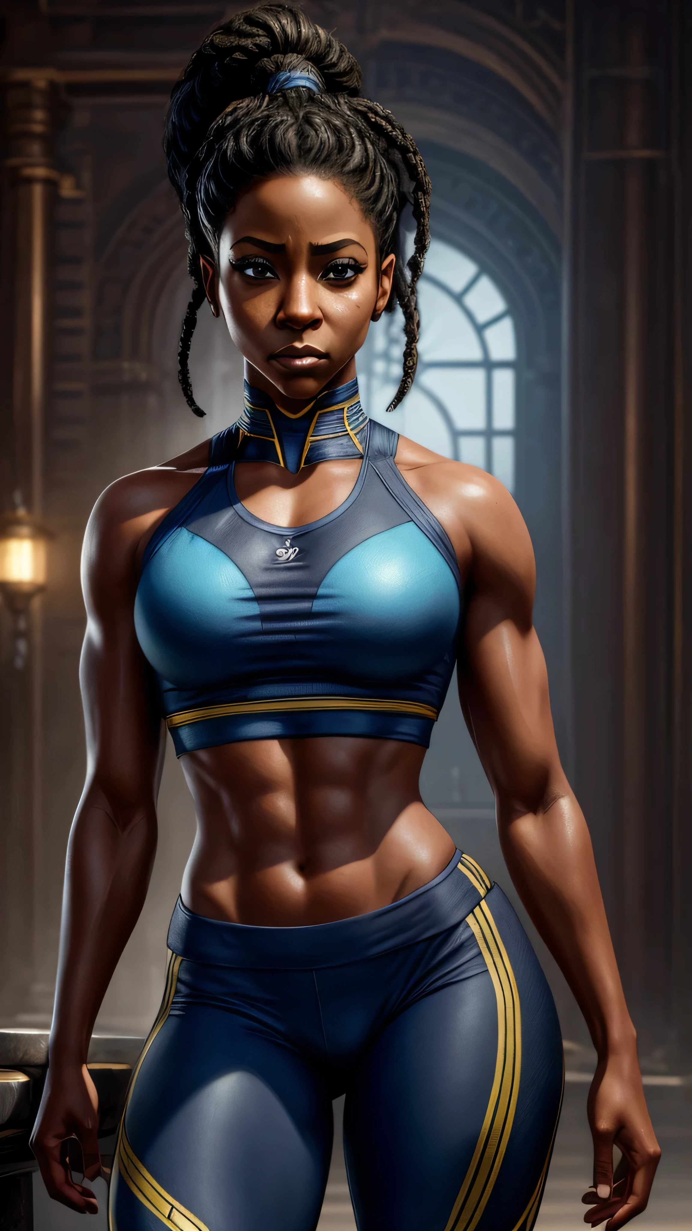 (Teyonah Parris) as Jacqui Briggs from Mortal Kombat, black long ponytail braid, brown eyes, crossed arms, white crop top, blue yoga pants, standing, gym, (insanely detailed, beautiful detailed face, masterpiece, best quality), cinematic lighting, 1woman, solo, full body view, front view, looking at viewer, intricate, high detail, sharp focus, dramatic, photorealistic painting art by greg rutkowski