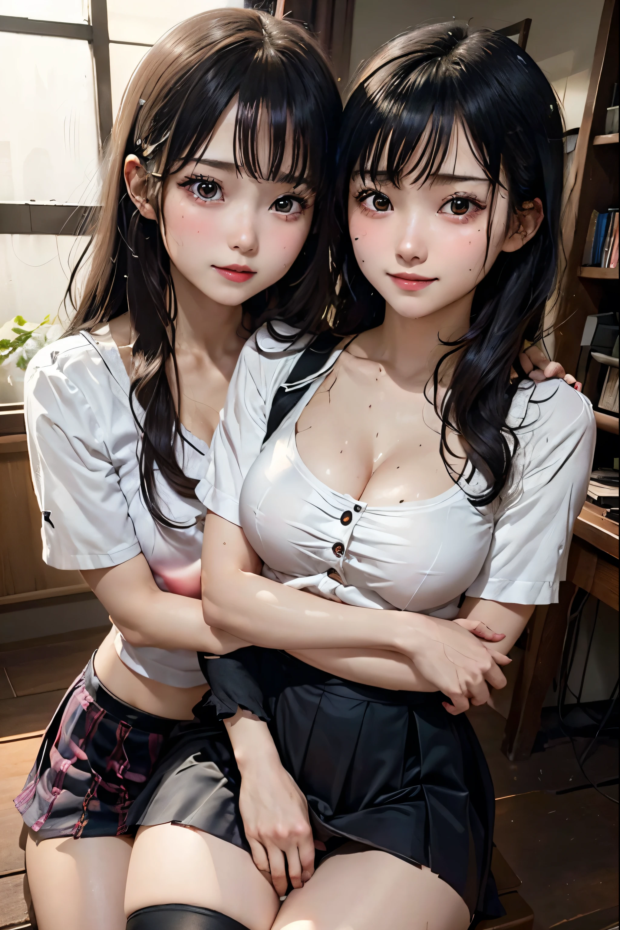 high school girlブレザー、high school girl、Red checked skirt、JK Style、Jacket、smile、garter、Knee socks、Panty stocking、Otherworldly beauty、Extraordinarily cute、boredom、unusual beauty、Dark black eyeshadow、sorrow、Good skin glow、Long Hair Straight Hair、Dark Gothic Makeup、暗いsmile、Beautiful woman、Stained Glass Background、On the table、Best Quality、5 reference books、Sweat glistens on my chest、Sweat glistens on my face、Thigh sweat、sweating、Black frill East size Regular size、Dark pink hair、Age 22 years old、Sweat sticks to my thighs、I sweat a lot and get sticky。、My thighs are sticky and shiny、Sweating on thighs and chest、Bust size S、Slightly slim、I sweat all over my body、play the piano、Sit down and play an instrument、legs are thin、Two girls、Lesbian couple、Hugging a girl、My female friend has a super cute face、