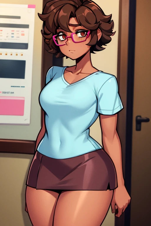Really embarrassed tomboy thin  girl, with short gray curly  hair, brown skin and  glasses, in sexy Pink mini skirt fly and blue top , full body,  ashamed pose