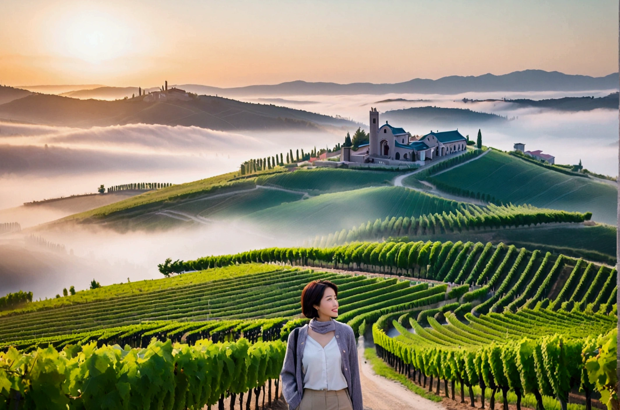 high quality, In 8K, 32K, Photo of a beautiful 36-year-old Korean woman, short medium hair, Inspired by Son Ye-jin, whole body, face focus, Shirt that goes up to the neck and a short cardigan from a luxury brand, beige casual pants, Italian countryside vineyard background, Ranged、make a happy face, 새벽 진한 한개속 The cathedral is visible in the distance, There is thick fog, path, looking up the side, Wear a shirt that covers your chest, The cathedral is visible in the distance, Photo of endless vineyard scenery, look up the side. thick dawn fog, Well-groomed hair, Photo of an elegant and modest woman, Endless vineyards, Vivid picture quality, Clear picture quality, 언덕 위 path, 1 woman, colonnade가 있는 휘어진 path 언덕에서 바라본다. colonnade, The waist area is visible. 휘어진 path에 서있다, colonnade가 있는 어덕길에 서있다, Looking down on the vineyard from the hill, The cathedral is visible in the distance,, 휘어진 path, White shirt and short Myeongmum brand cardigan, three-dimensional shape of grape leaves, wide angle lens shot, Express your fingers carefully, Express your fingers accurately, Put your hands in your pockets, three-dimensional grape leaves