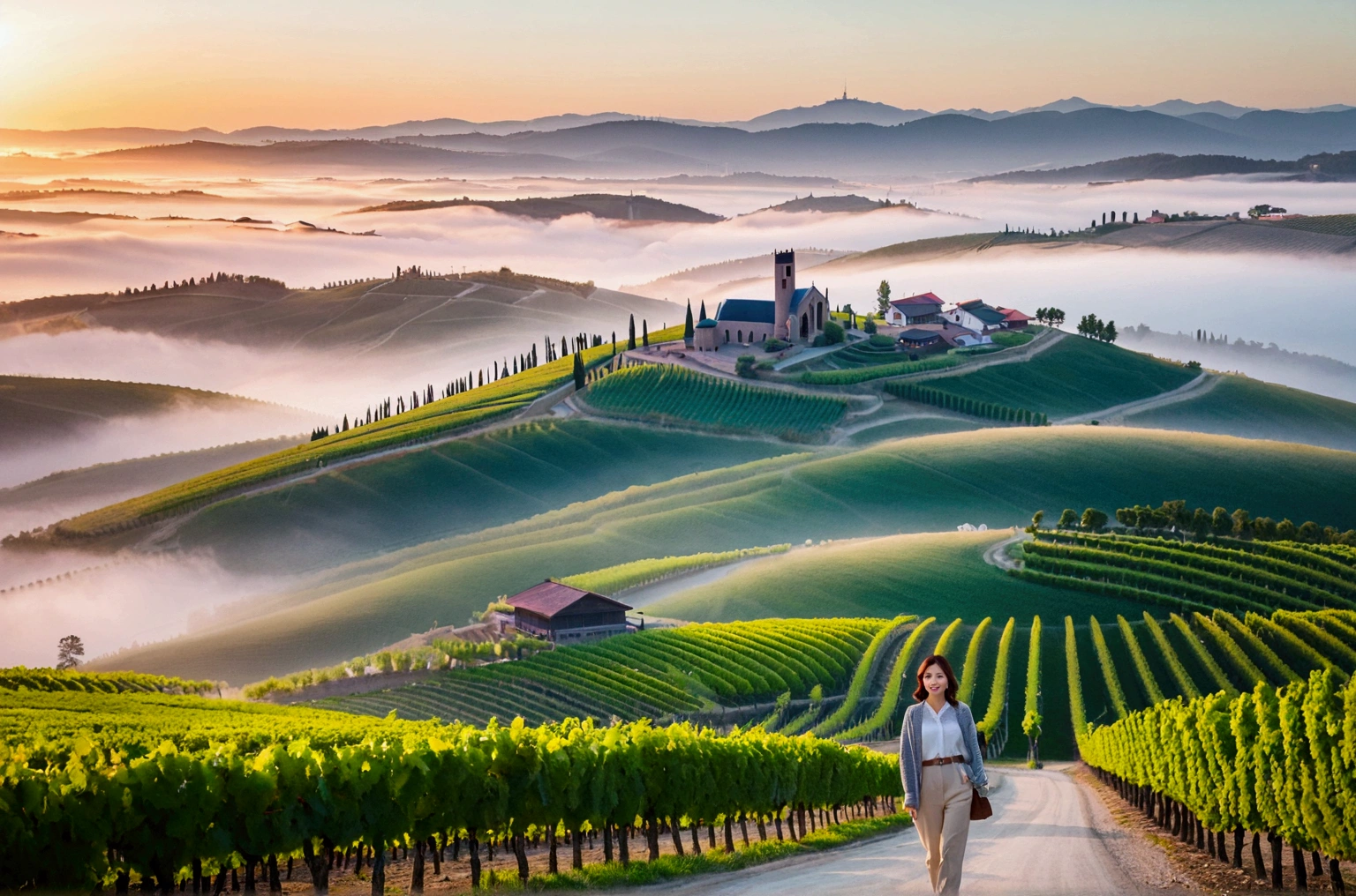 high quality, In 8K, 32K, Photo of a beautiful 36-year-old Korean woman, short medium hair, Inspired by Son Ye-jin, whole body, face focus, Shirt that goes up to the neck and a short cardigan from a luxury brand, beige casual pants, Italian countryside vineyard background, Ranged、make a happy face, 새벽 진한 한개속 The cathedral is visible in the distance, There is thick fog, path, looking up the side, Wear a shirt that covers your chest, The cathedral is visible in the distance, Photo of endless vineyard scenery, look up the side. thick dawn fog, Well-groomed hair, Photo of an elegant and modest woman, Endless vineyards, Vivid picture quality, Clear picture quality, 언덕 위 path, 1 woman, colonnade가 있는 휘어진 path 언덕에서 바라본다. colonnade, The waist area is visible. 휘어진 path에 서있다, colonnade가 있는 어덕길에 서있다, Looking down on the vineyard from the hill, The cathedral is visible in the distance,, 휘어진 path, White shirt and short Myeongmum brand cardigan, three-dimensional shape of grape leaves, wide angle lens shot, Express your fingers carefully, Express your fingers accurately, Put your hands in your pockets, three-dimensional grape leaves