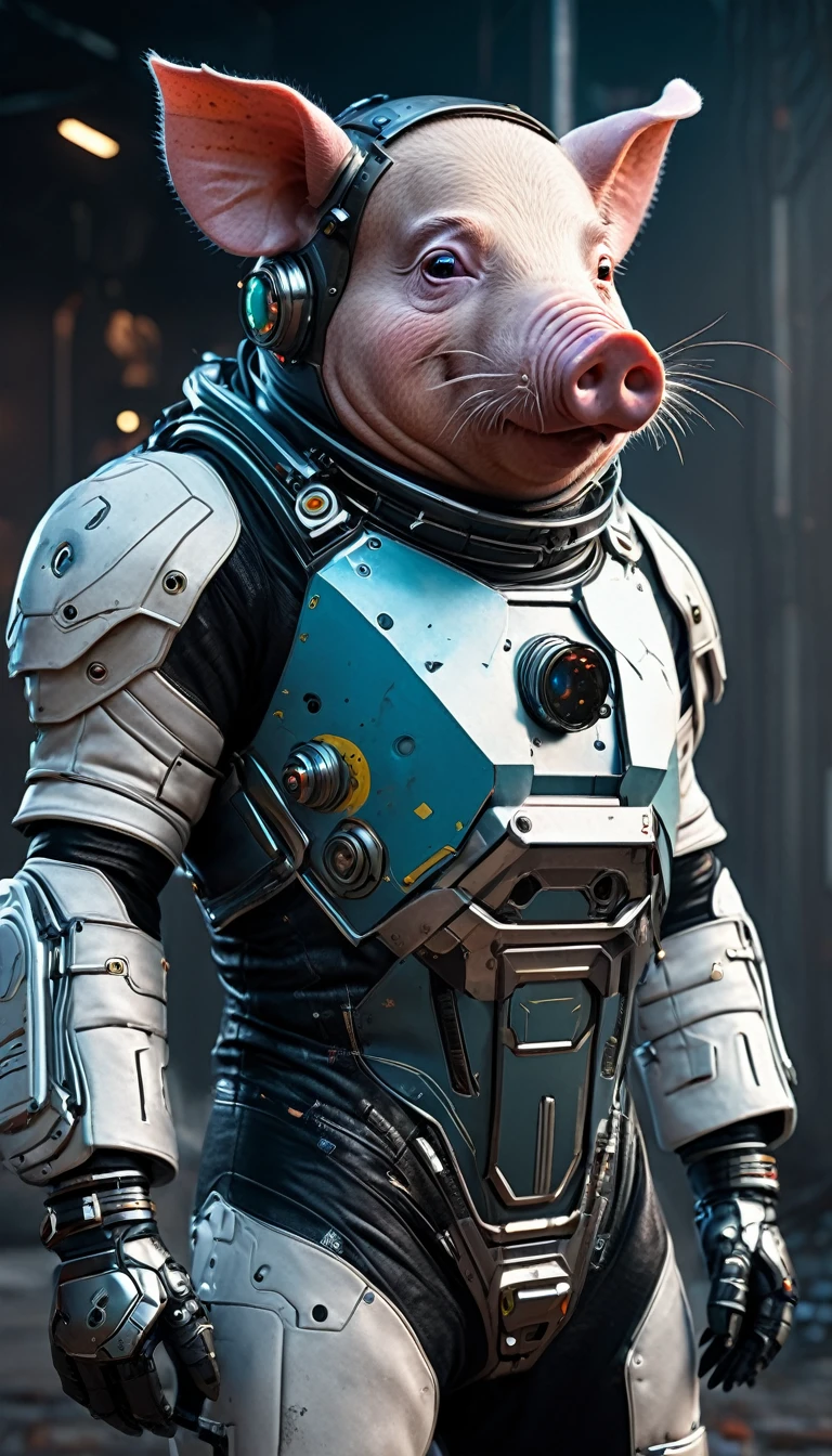 there is a man in a futuristic suit with a pig mask, cyberpunk mouse folk engineer, hyper-realistic cyberpunk style, cyberpunk art ultrarealistic 8k, cyberpunk style , hyperrealistic, robotic pig, wojtek fus, cyborg mouse, cyberpunk batman, muted cyberpunk style, cyberpunk character, astronaut cyberpunk electric, cyberpunk highly detailed, cyberpunk art style