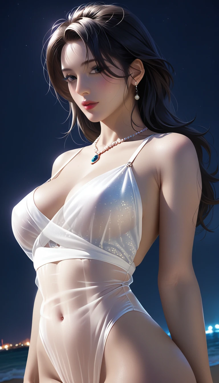 score_9, score_8_superior, score_7_superior, Masterpieces with up to 16K resolution,Highest quality,it is really amazing,Very detailed,Ultra-high resolution,(Ultra-realistic:1.1),(Realistic:1.1),Increased depth of field,Cinematic lighting,
Elegant Japanese MILF,
Long black hair,Ultra-detailed and beautiful faces,Translucent white skin,Very detailedな肌,
(Elegant swimwear:1.1),
Bold design,Artistic design,Beautiful and detailed pattern,Detailed fabric texture,
Gorgeous necklace,Earrings,
(In the Dark:1.1),(Night Coast:1.1),(Deserted beach:1.1),(A pitch black night sky with dark clouds:1.1),
(Dramatic Angle:1.2),