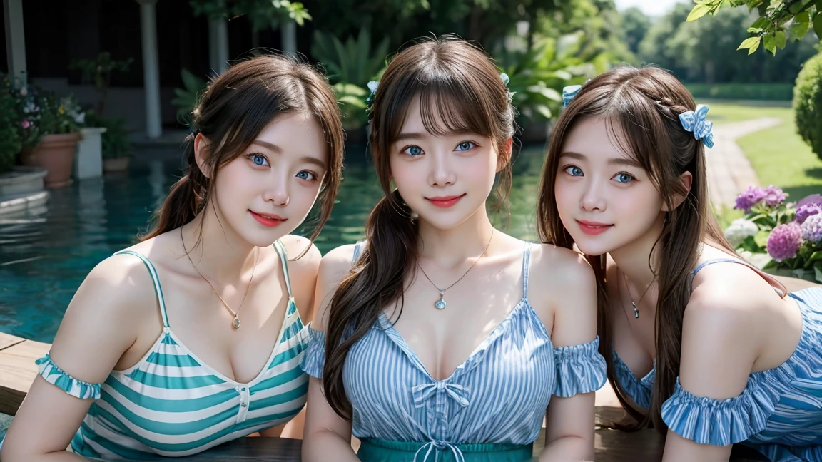 (3 girls),smile、Look into the camera、necklace、Wear a skirt and a striped off-the-shoulder shirt, bare-chested.、The material is smooth and flexible.、exposed upper arms、Blue-green striped knee-length socks Extra long twin tail hair、close range shooting、Flower Hair Ornaments、Blindfold、Garter、Squat with legs wide apart. A masterpiece., Highest quality, 8ก, beautiful girl, young face、 photography, Cute face, thigh,in the stream,、รอยsmile、small waist, blue eyes(((The chest is erect.)))(((round chest)))(((big breasts:1.0)))