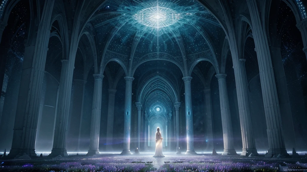 A lone woman, bathed in the ethereal glow of the fifth dimension, stands lightly levitating in the distance in front of an immense, ultra-realistic portal of light and intricate otherworldly landscape. The vast white expanse of this other-dimensional space exudes a sense of peace, tranquility, liberation, and harmony. The woman, appears to be in communion with this hypnotic realm, and her presence adds a touch of fascination and awe to the scene. The highly detailed and luminous environment, filled with intricate structures and flora, further emphasizes the otherworldly beauty of this dimension.