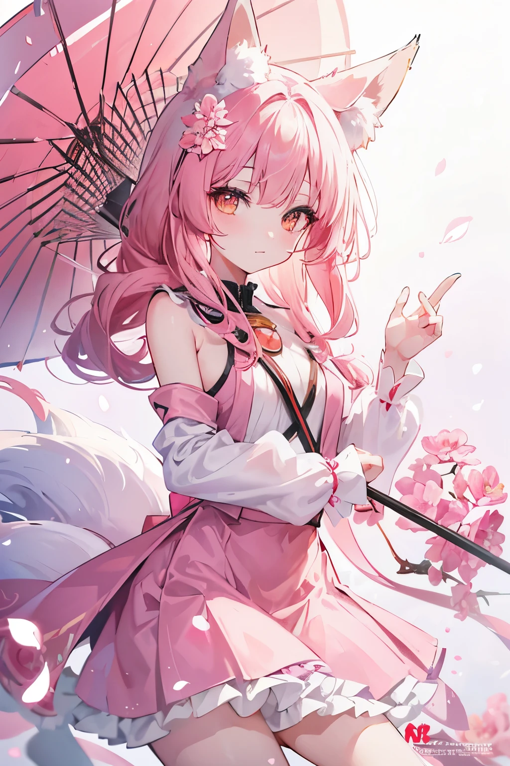 Nine snow-white fox tails (1.0), milky fox tail (1.0), fox close-up of nine tails, nine-tails, nine-tails, anime girl with pink hair and pink dress with flowers on her hair, very beautiful anime fox girl, beautiful anime fox girl, beautiful fantasy anime, guweiz, anime girl with fox ears, beautiful anime girl, very beautiful and cute fox girl, pink flower rain, background blur, anime style 4 K, anime fantasy artwork, 4k anime wallpaper, Artwork in the Guvez style