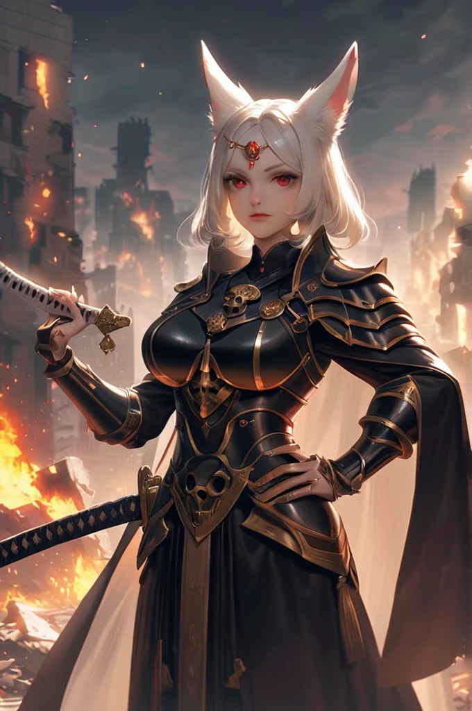 ((Лучшее качество)), ((шедевр)), (подробный), fox is a girl,an adult woman,big breasts,animal eyes,fox ears on her head, long white hair, red eyes, , stands tall, proud look,dressed in heavy armor,armor decorated with skulls,skull ornaments on her shoulders, holds the handle of a katana in her right hand,long katana,left hand on the hip, the background is destroyed buildings, fire.