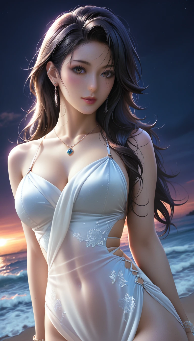 score_9, score_8_superior, score_7_superior, Masterpieces with up to 16K resolution,Highest quality,it is really amazing,Very detailed,Ultra-high resolution,(Ultra-realistic:1.1),(Realistic:1.1),Increased depth of field,Cinematic lighting,
Elegant Japanese MILF,
Long black hair,Ultra-detailed and beautiful faces,Translucent white skin,Very detailedな肌,
(Elegant swimwear:1.1),
Bold design,Artistic design,Beautiful and detailed pattern,Detailed fabric texture,
Gorgeous necklace,Earrings,
(In the Dark:1.1),(Night Coast:1.1),(Deserted beach:1.1),(A pitch black night sky with dark clouds:1.1),
(Dramatic Angle:1.2),
