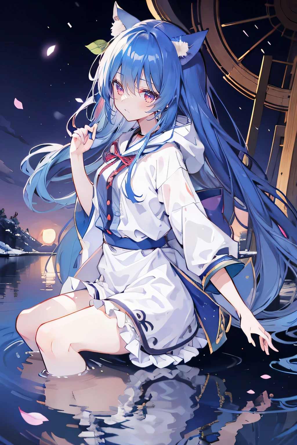 （masterpiece：1.2），Super detailed，lifelike，Expressive eyes，fair skin，perfect face shape，1 girl，
Japanese comics,Gorgeous blue hair,flowing blue hair,flowing clothes,Cat ears,Petals fall,beautiful lola,Baby Angel,
Shaking head with one hand，Cross your legs，Gentle and peaceful background，The pavilion is cool and comfortable,smile, wearing hoodie, background of tokyo,back views,snowing, winter,lie on the water,Reflection on the surface of the water，Full moon night,one girl. 