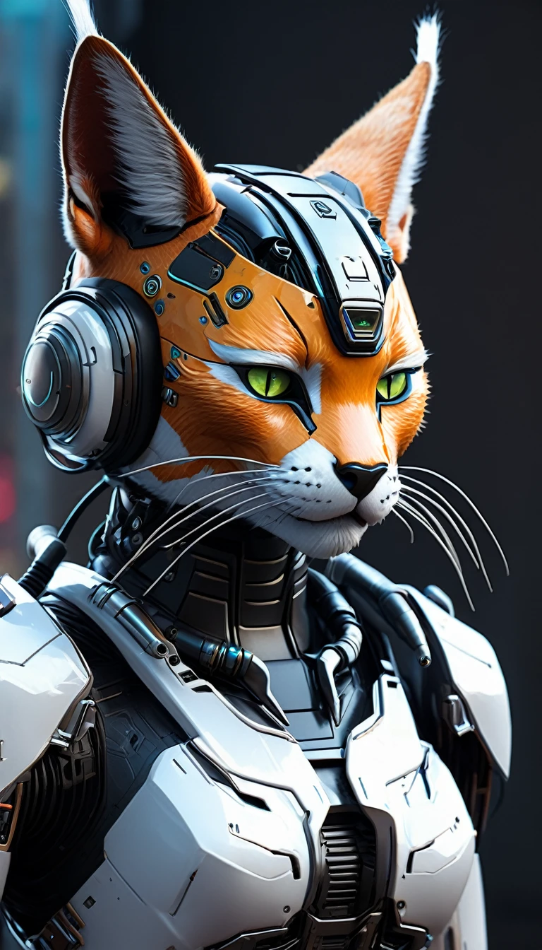 a close up of a robot with a helmet and a horned face, cyberpunk cat, hyper-realistic cyberpunk style, cyberpunk art ultrarealistic 8k, cyborg cat, cybernetic and highly detailed, caracal cyborg, an anthropomorphic cyberpunk fox, cyberpunk style , hyperrealistic, a cyborg cat, cyberpunk highly detailed, style hybrid mix of beeple