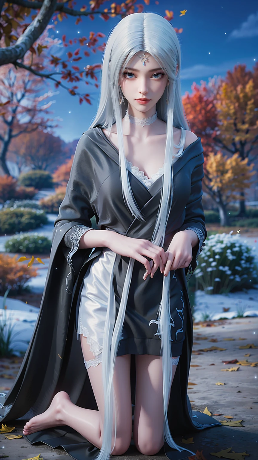 best quality，masterpiece，The Ultimate Solution，Fluffy，Extremely colorful，Mature beautiful woman，（Dress school uniform），Lace skirt，（Beautiful woman beheaded），Normal posture，（Kneeling），Kneeling on the bed，shackles，Beheading，collar，White stockings ，barefoot，Normal posture，((White hair))，((Black robe))