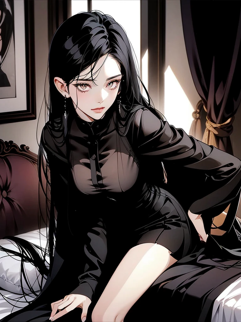 A long black hair girl, wears student uniform, night, sitting on bed, dim bedroom, (elegant), (sexy), (devine), (brilliant), (splendid), tall, (mature), stunning, beautiful, aethereal, (1girl), solo girl, (luxury bedroom), many hearts, shadow, dim light, dark, cinematic, highest quality, extremely detailed, masterpiece, detailed background