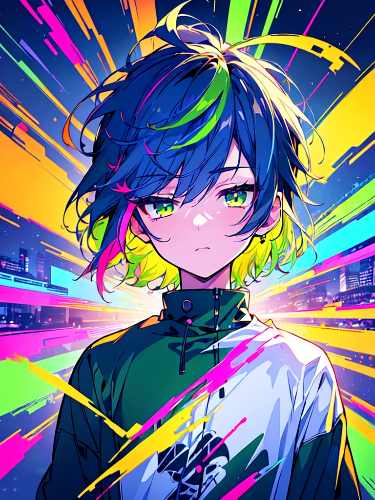 [(SUMMER BACKGROUND:1.5),::5], ((((masterpiece)))), high quality, ultra very high resolution, full color, (((solo))), (( boy)), Purple hair, ((Green streaked hair)), (Green eyes), anime, ((upper body)), neon light, black parka, OVERDRIVE, SUNSET