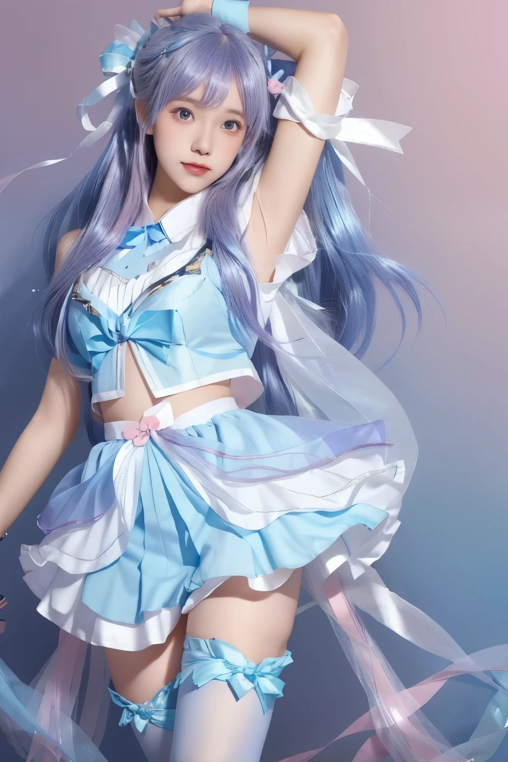 Girl, white tights, blue bow, pink hair, hair gradient blue, purple hairpins,The color of her panties, which can be seen briefly, is pale pink.,,A beautiful girl,