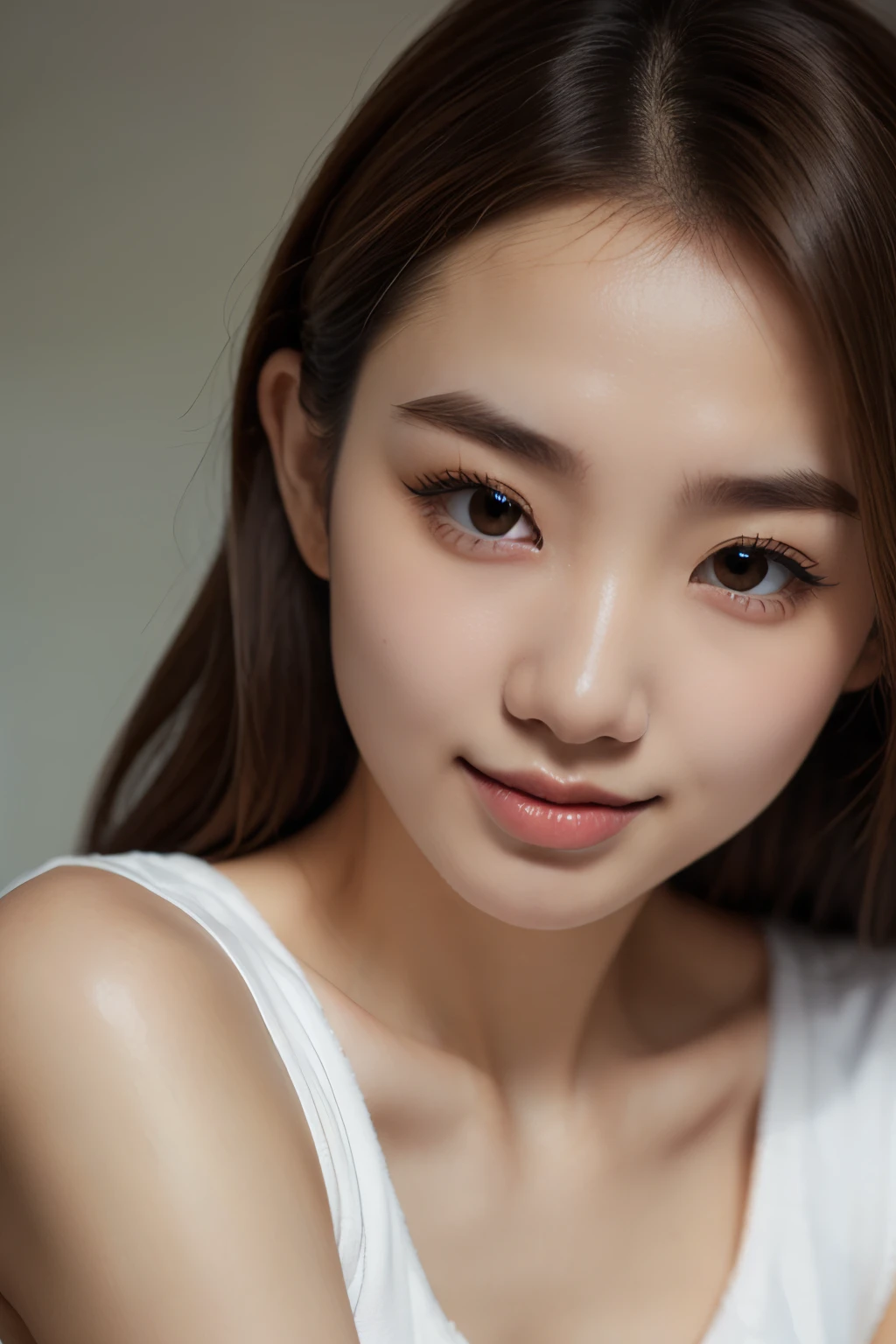 18 year old female of British and Japanese descent, living in Hokkaido, Japan, with long silver hair parted in front, thin silver eyebrows, sidelong glance, detailed face, beautiful collarbone, and smile