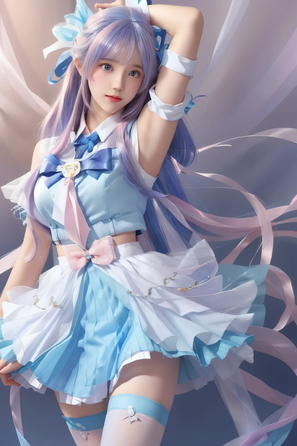 Girl, white tights, blue bow, pink hair, hair gradient blue, purple hairpins,The color of her panties, which can be seen briefly, is pale pink.,Pure school,A beautiful girl,