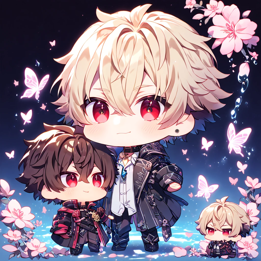 absurdres, highres, ultra detailed, HDR, master piece, best quality, extremely detailed face, delicated features, Julius Visconti chibi, ash-blonde messy hair, short hair, hair that has bangs hanging on the left side, hair between the eyes, God Eater 2, Vincent Rain chibi, brown hair, expressive red eyes, two boys together, gay couple, yaoi, cute, a black collar with gold buckle, black coat, with gold accents, white shirt, water, blossoms, pink flowers, pink butterflies, fantasy, magic, radiant