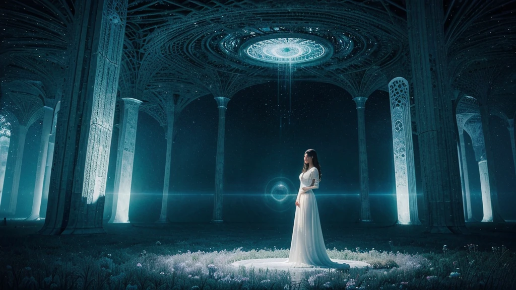 A lone woman, bathed in the ethereal glow of the fifth dimension, stands lightly levitating in the distance in front of an immense, ultra-realistic portal of light and intricate otherworldly landscape. The vast white expanse of this other-dimensional space exudes a sense of peace, tranquility, liberation and harmony. The woman, appears to be in communion with this hypnotic realm, and her presence adds a touch of fascination and awe to the scene. The highly detailed and luminous environment, filled with dreamlike shapes and flora, further emphasizes the otherworldly beauty of this dimension.