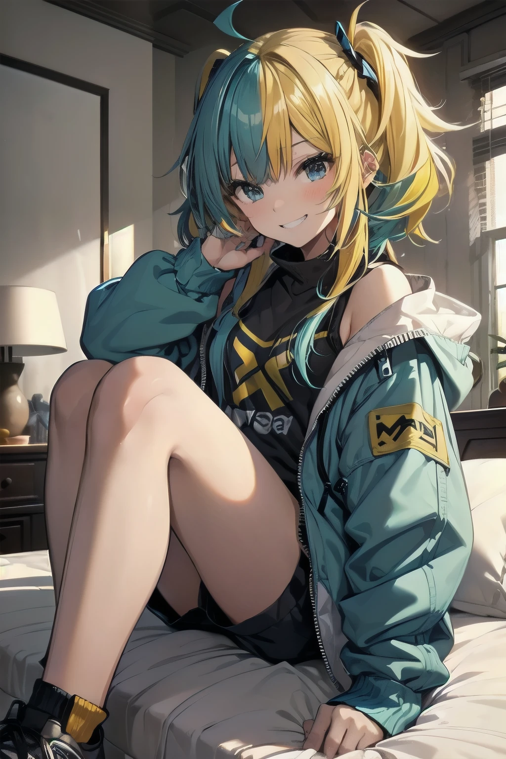 1girl, (hlfcol haired girl with blue and yellow hair), grin, messy hair, bedhead, pigtails, bedroom, sitting, jacket, shorts
