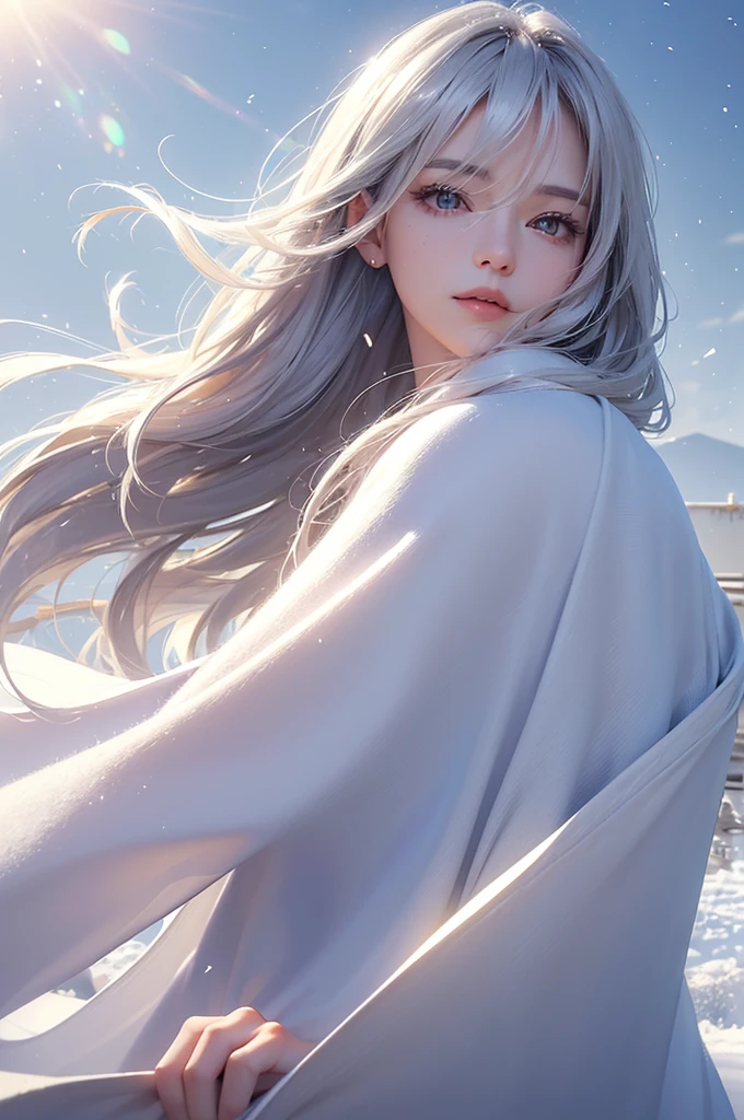 ((masterpiece:1.5、8k、Portraiture、フォトリアリスティックでVery detailedなCG、Very detailed、Particle Effects、Dynamic Effects、Shallow depth of field、Cinematic Light、Lens flare、Ray Tracing、Tabletop、Realistic:1.4、Ultra-high resolution:1.2、Realistic、Realistic))((alone、Woman wearing a cashmere coat:1.4、Elegant woman posing、Detailed face、bright表情、young, bright, Whiter skin、Ample breasts、Best Looks、Ultimate beauty、Shiny silver hair with highlights、bright and shiny hair,、Super long, Silky straight hair、Hair dancing in the wind))(morning、The setting is outdoors in the snow、Surrounded by illuminations)
