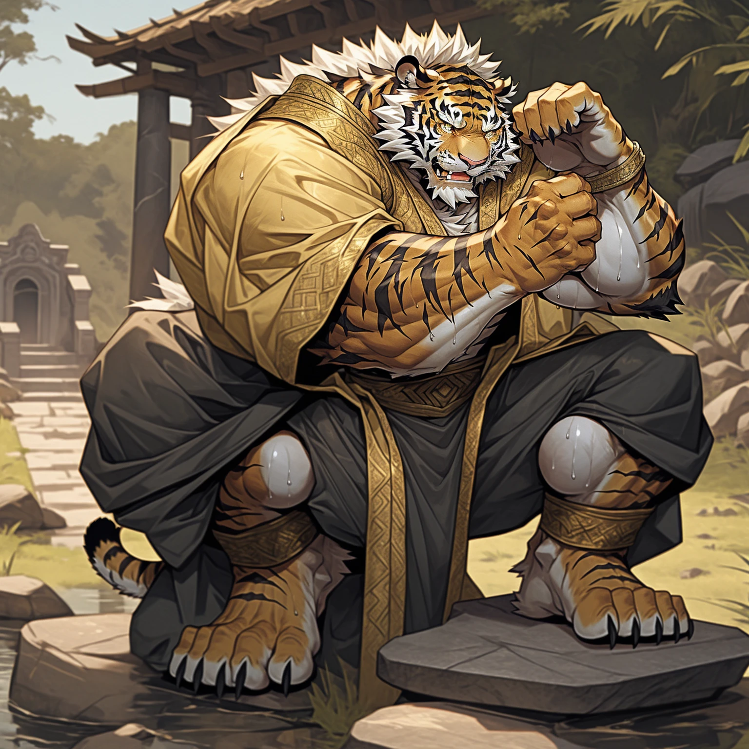 White hair on back，金色tiger纹，白色皮毛老tiger，Strong body，Wearing imperial robes，Dressed in gorgeous clothes，tiger_beast, Detailed fan art，anger，Looking into the distance on the stone，pant，Sweat，White Teeth，is heavily injured，He had a scar on his face，Background Battlefield General