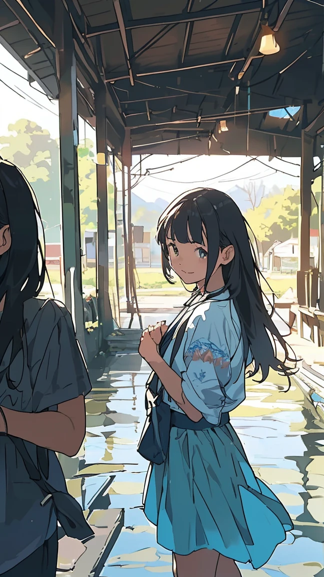 Affordable design, Clear lines, High Sharpness, (Highest quality,4K,Perfect sharpness,Ultra-fine,High resolution,masterpiece:1.2), Perfect Anatomy:1.5, Official Art, Illustrations that tell a story, (Whitish background:0. 9)、Body Positivity、Diverse physical expressions、(Random and strange poses))、Perfect beauty、Perfect beautiful face、(非常にStrong winds)、Rich expressiveness、Dynamic configuration、Golden ratio composition、colorful、((color々Different angles and perspectives))、Anime Drawings、((Overcoming stereotypes))、 Glowing Skin、(Natural Beauty)、bangs、Straight Long Hair、(Soft and flowing hair)、(countryside)、((Nostalgic atmosphere))、((Playful and easygoing))、(diverse characters)、((Graceful posture))、(Sunny atmosphere)、(vivid color)、Shorts、A light smile、 ((Emotional))、bangs、Natural reaction、Summer clothing、(Braided hair)、Show off your thighs、Strong winds、Cheerful pose、((run energetically))、Angle from below、Side Angle、A quick background、