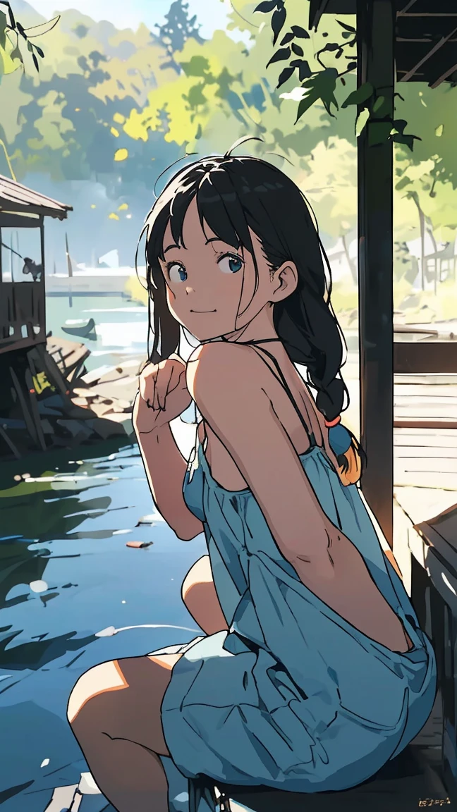 Affordable design, Clear lines, High Sharpness, (Highest quality,4K,Perfect sharpness,Ultra-fine,High resolution,masterpiece:1.2), Perfect Anatomy:1.5, Official Art, Illustrations that tell a story, (Whitish background:0. 9）、Body Positivity、Diverse physical expressions、(Random and strange poses)）、Perfect beauty、Perfect beautiful face、(非常にStrong winds)、Rich expressiveness、Dynamic configuration、Golden ratio composition、colorful、（(color々Different angles and perspectives)）、Anime Drawings、（(Overcoming stereotypes)）、 Glowing Skin、（Natural Beauty）、bangs、Straight Long Hair、（Soft and flowing hair）、（countryside）、（(Nostalgic atmosphere)）、（(Playful and easygoing)）、（diverse characters）、（(Graceful posture)）、（Sunny atmosphere）、（vivid color）、Shorts、A light smile、 ((Emotional))、bangs、Natural reaction、Summer clothing、(Braided hair)、Show off your thighs、Strong winds、Cheerful pose、((run energetically))、Angle from below、Side Angle、A quick background、