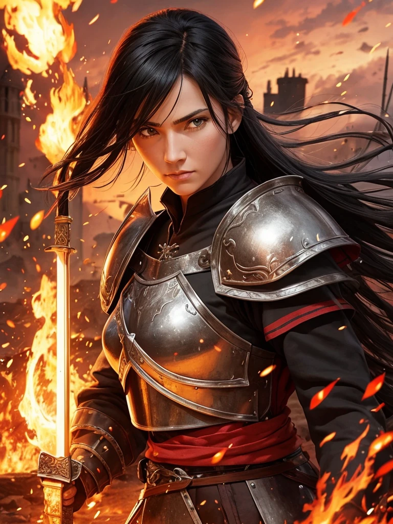 germanic woman, black hair, armor, scarlet, sword, flaming, Banderas, rojas, brave, strong, decided, brave, fighter, leona, War, battle, medieval soldiers, city