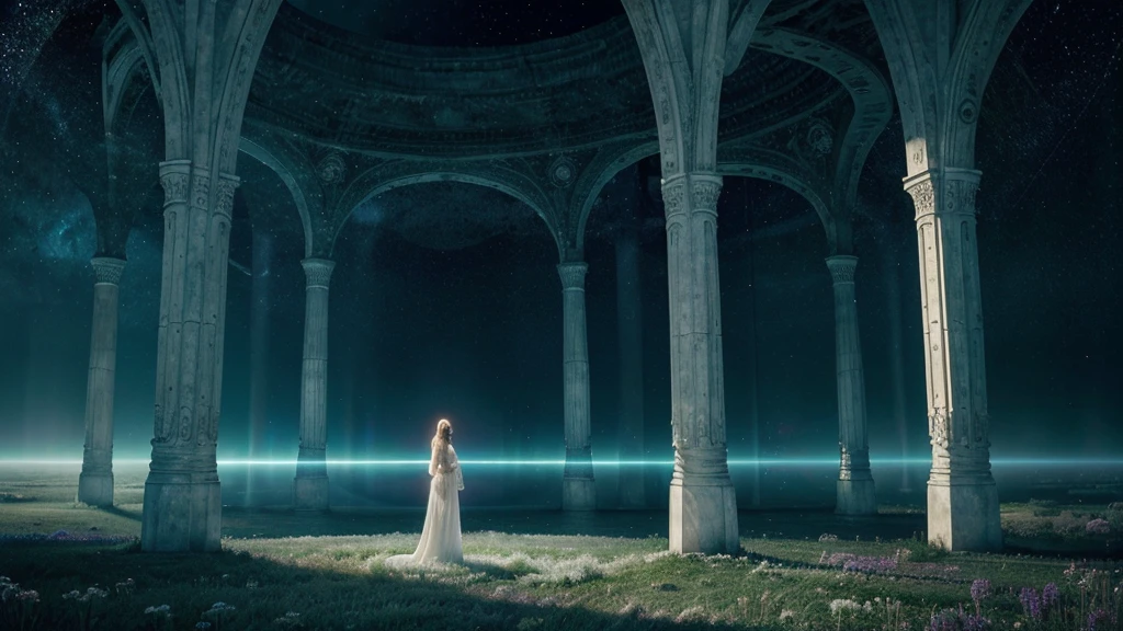 A lone woman, bathed in the ethereal glow of the fifth dimension, stands lightly levitating in the distance in front of an immense, ultra-realistic portal of light and intricate otherworldly landscape. The vast white expanse of this other-dimensional space exudes a sense of peace, tranquility, liberation and harmony. The woman, appears to be in communion with this hypnotic realm, and her presence adds a touch of fascination and awe to the scene. The highly detailed and luminous environment, filled with dreamlike shapes and flora, further emphasizes the otherworldly beauty of this dimension.