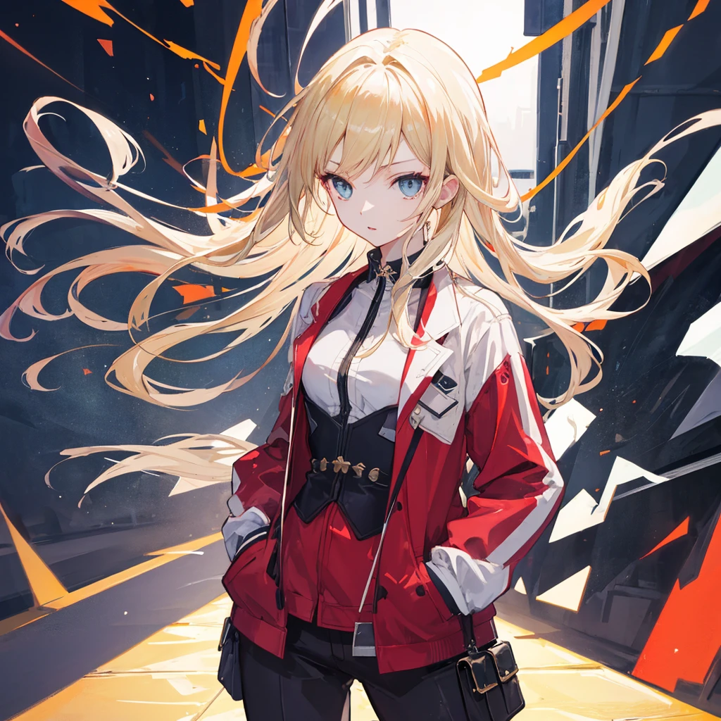 （masterpiece,Highest quality,Anime Style，Ray Tracing，CG rendering)，(T Masterpiece、Extremely high quality、high resolution、Best Quality)、((woman、woman、Years on、Solo))、Blonde、Light-colored eyes、Hands in pockets、Cheerful。