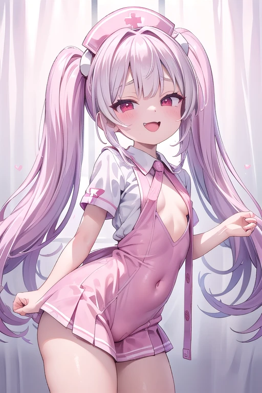 独奏,Whole body、(looking back over their shoulder), Young face、long silver Hair、long Twin tails、Spoiled brat、Immature body、(Small breasts)、smile、(Thick thighs:1.5)、red eyes、Backwards、looking at viewer、Open mouth、double teeth、fang、blushing and sticking out her cute tongue, tongue out、Character portrait, wearing a pink Nurse costume、Hospital bed、nurse、cowboy shot、delicate features, soft, pastel colors, intimate, (best quality,4K,8k,highres,masterpiece:1.2),ultra-detailed,(realistic,photorealistic,photo-realistic:1.37)、(little demon horns and tail)、Nurse cap