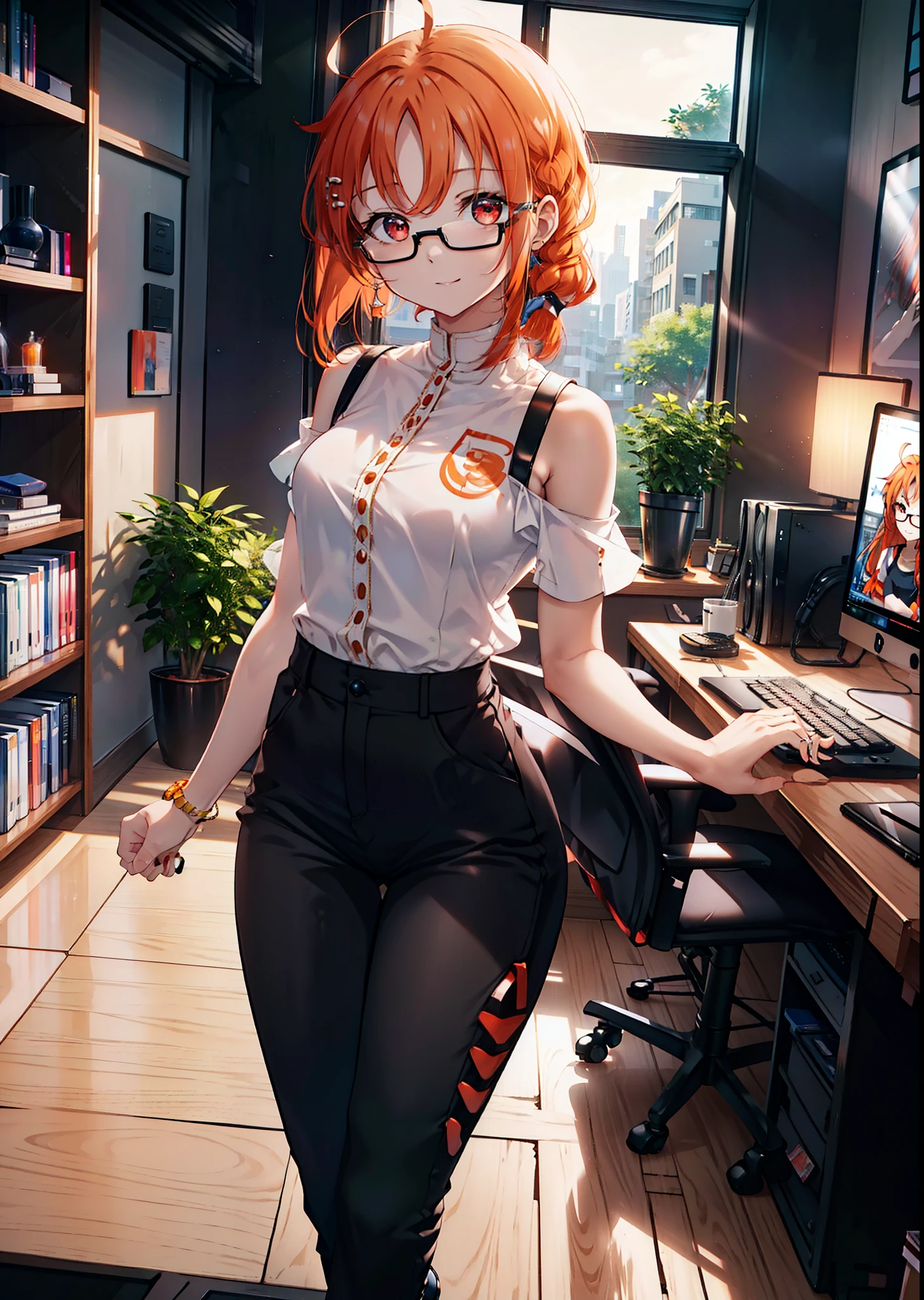 Takahai Chige,Orange Hair,Red eyes,smile,Long Hair,Ahoge,Cold Shoulder Shirt,Short sleeve,skinny pants,Stiletto heels,Black-rimmed glasses,interior,There is a computer on the table,Walking,whole bodyがイラストに入るように,Daytime,Clear skies,　　　　 　　　　　　　　　　　　break indoors, office, 　　　　　　　　　　　break looking at viewer, whole body, 　　　　　　　　break (masterpiece:1.2), Highest quality, High resolution, unity 8k wallpaper, (shape:0.8), (Beautiful attention to detail:1.6), Highly detailed face, Perfect lighting, Extremely detailed CG, (Perfect hands, Perfect Anatomy),