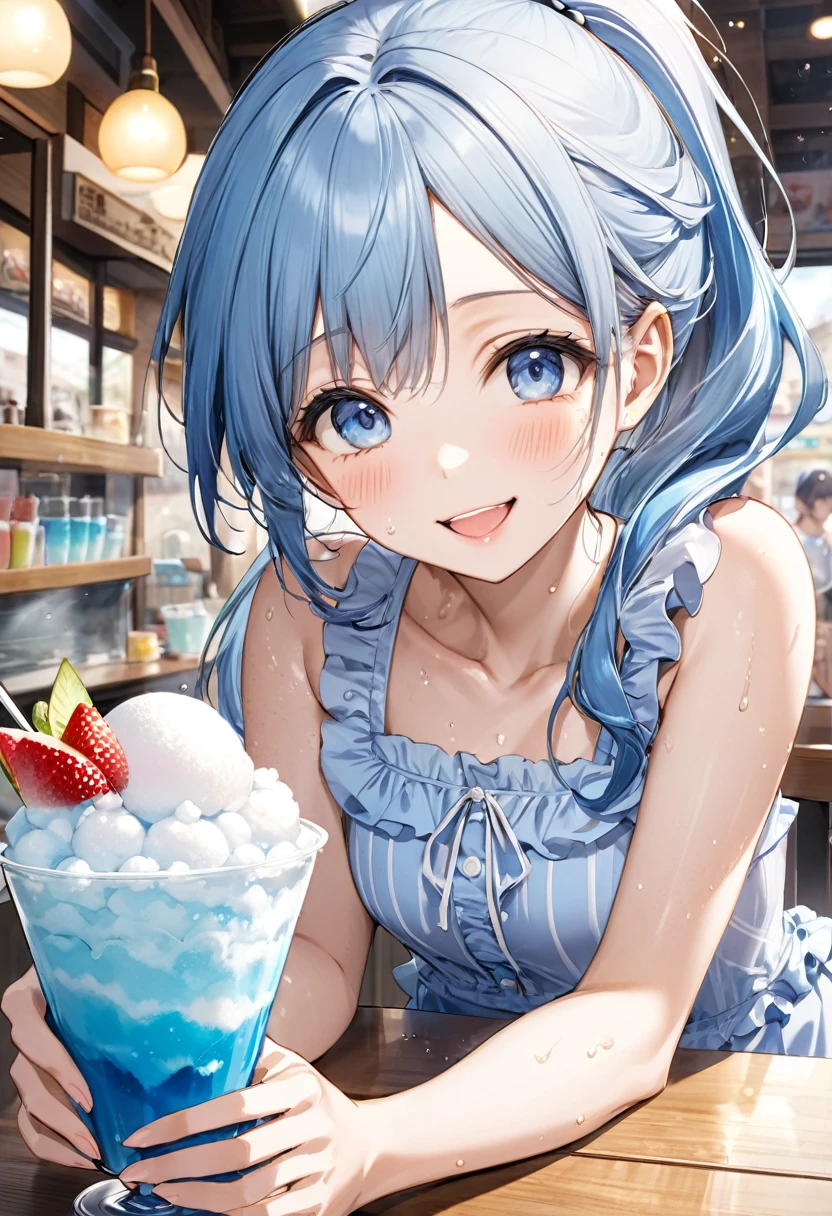 (sweaty skin style), (solo:2, 15 yo), (beautiful forehead:1.3 and ponytail), (beautiful detailed blue hair, long hair) (best lovely girl, cool beautiful blue eyes, glossy lip, , best happy smile:1.1), in a Layered frills cute blue one piece dress), break, in the japanese Shaved Ice Shop, girl is eating shaved Ice, While using a spoon, BREAK, perfect anatomy, masterpiece, best quality, 16k, beautiful detailed summer, daydreaming expression.