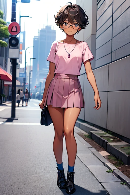 Really embarrassed tomboy thin girl, with short gray curly hair, brown skin and glasses, in sexy Pink mini skirt fly and blue top , full body, ashamed pose