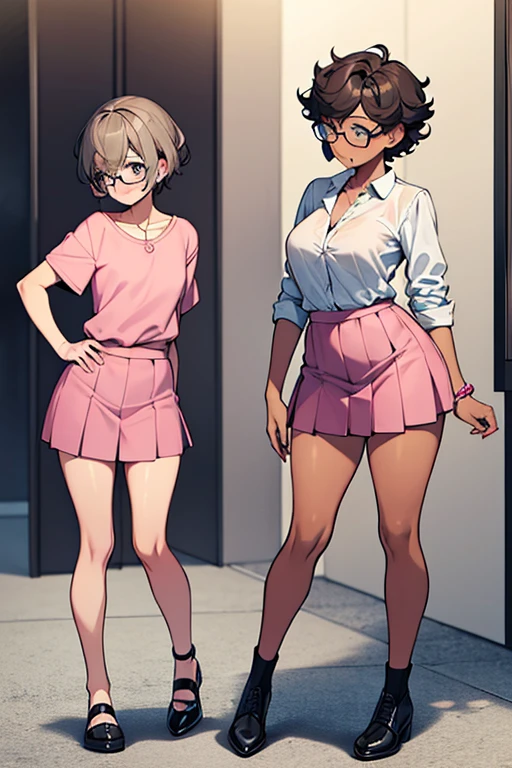 Really embarrassed tomboy thin  girl, with short gray curly  hair, brown skin and  glasses, in sexy Pink mini skirt fly and blue top , full body,  ashamed pose