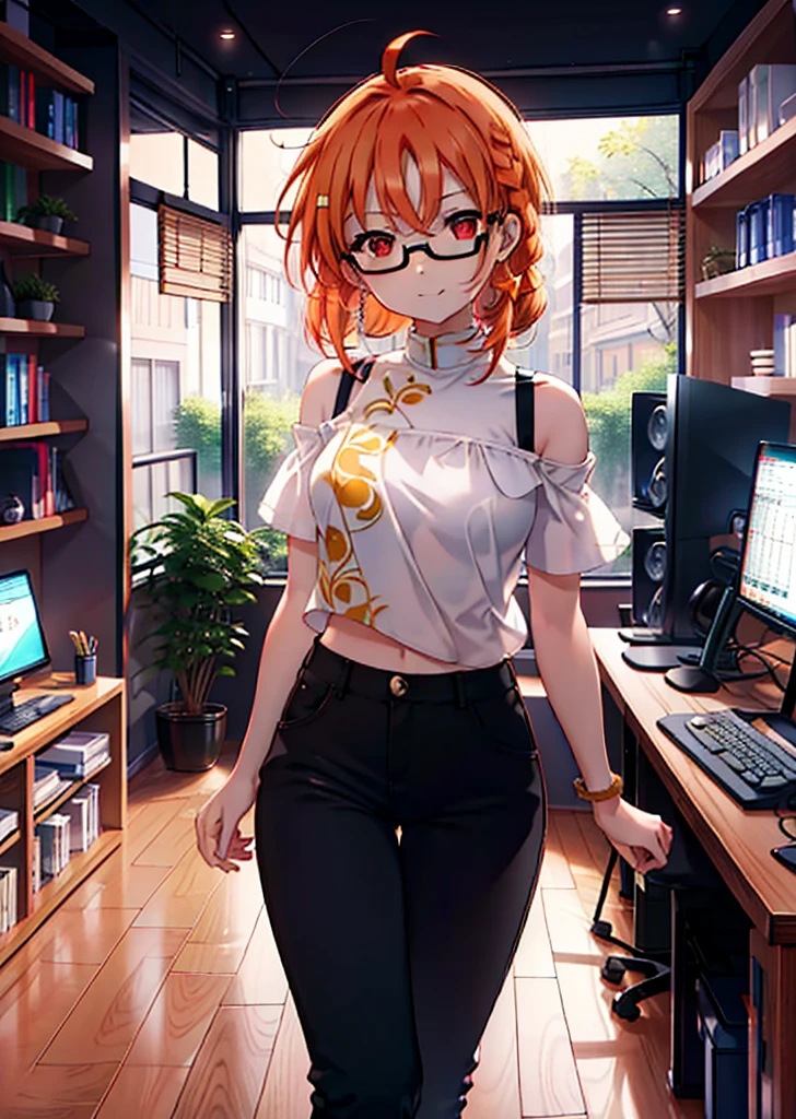 Takahai Chige,Orange Hair,Red eyes,smile,Long Hair,Ahoge,Cold Shoulder Shirt,Short sleeve,skinny pants,Stiletto heels,Black-rimmed glasses,interior,There is a computer on the table,Walking,whole bodyがイラストに入るように,Daytime,Clear skies,　　　　 　　　　　　　　　　　　break indoors, office, 　　　　　　　　　　　break looking at viewer, whole body, 　　　　　　　　break (masterpiece:1.2), Highest quality, High resolution, unity 8k wallpaper, (shape:0.8), (Beautiful attention to detail:1.6), Highly detailed face, Perfect lighting, Extremely detailed CG, (Perfect hands, Perfect Anatomy),