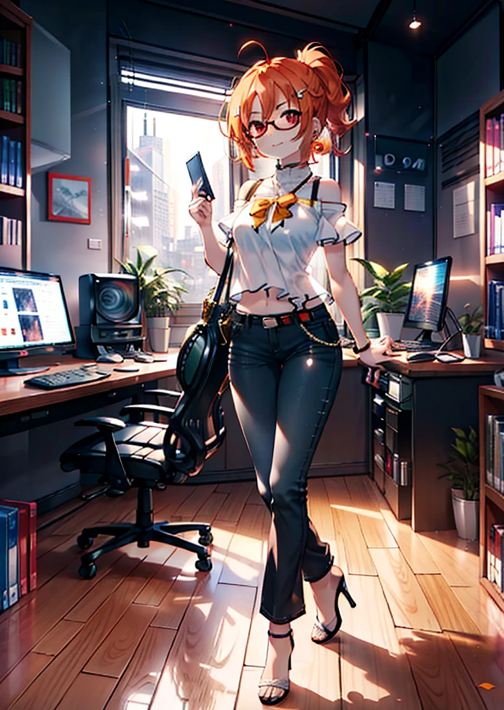 Takahai Chige,Orange Hair,Red eyes,smile,Long Hair,Ahoge,Cold Shoulder Shirt,Short sleeve,skinny pants,Stiletto heels,Black-rimmed glasses,interior,There is a computer on the table,Walking,whole bodyがイラストに入るように,Daytime,Clear skies,　　　　 　　　　　　　　　　　　break indoors, office, 　　　　　　　　　　　break looking at viewer, whole body, 　　　　　　　　break (masterpiece:1.2), Highest quality, High resolution, unity 8k wallpaper, (shape:0.8), (Beautiful attention to detail:1.6), Highly detailed face, Perfect lighting, Extremely detailed CG, (Perfect hands, Perfect Anatomy),