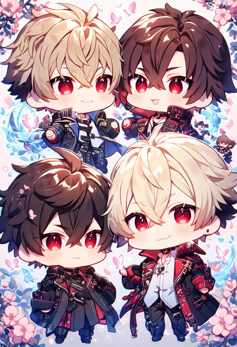 absurdres, highres, ultra detailed, HDR, master piece, best quality, extremely detailed face, delicated features, Julius Visconti chibi, ash-blonde messy hair, short hair, hair that has bangs hanging on the left side, hair between the eyes, God Eater 2, Vincent Rain chibi, brown hair, expressive red eyes, two boys together, gay couple, yaoi, cute, a black collar with gold buckle, black coat, with gold accents, white shirt, water, blossoms, pink flowers, pink butterflies, fantasy, magic, radiant